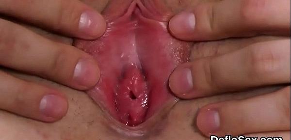 Arousing teenie finger fucks tight honey pot until she is coming